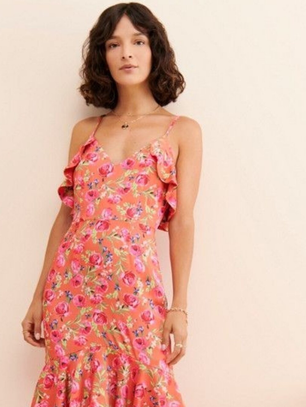 Anthropologie Keepsake The Label Floral Ruffle Midi Dress Pink Coral Sz M Boho